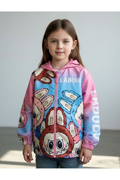 KUMRUNUN DÜNYASI Girls' Labubu Transitional Hooded Lined Raincoat Windbreaker Coat Jacket Waterproof