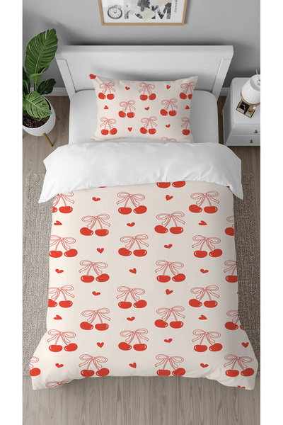 GREENDECOR Cherry Cherry Fruit Beige Patterned Printed Specially Designed Single Style Stylish Duvet Cover Set Without Sheets