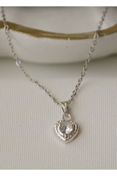 BİJUTERİ EVİ Minimal Heart Model Silver Color Steel Chain White Stone Women's Necklace