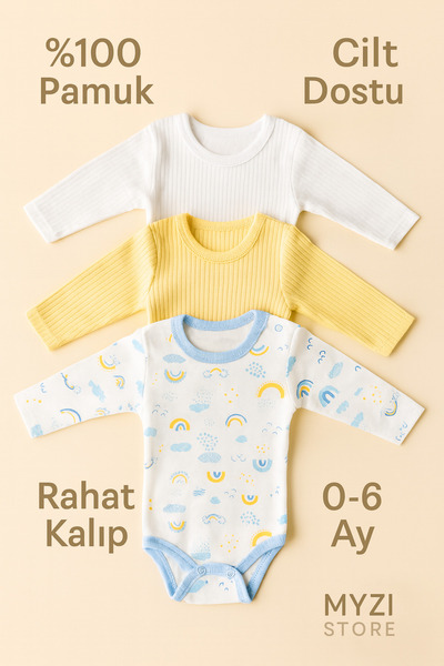 MYZİ STORE Newborn Baby Long Sleeve Snap-On Bodysuit 3-Piece 100% Cotton Bodysuit