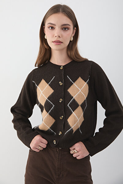 JASTE Women's Brown Argyle Patterned Buttoned Knit Sweater