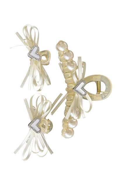 TAKIŞTIR White Color Heart Shaped Pearl Detailed 3-Piece Latch Buckle Set