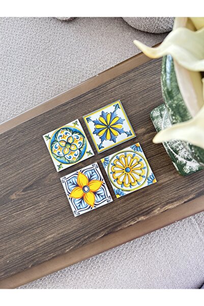 Kütahya Hedef Çini Karışık Desen 4’lü Seramik Bardak Altlığı