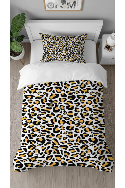 GREENDECOR Set de lenjerie de pat elegant, cu model leopard, alb-negru, cu im...