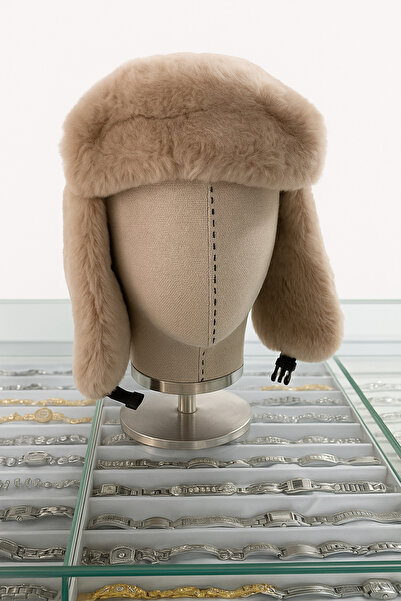 Tasc1 Store Bej Renk Suni Kürk Kışlık Trapper Unisex Sıcak Tutucu Peluş Kulak...