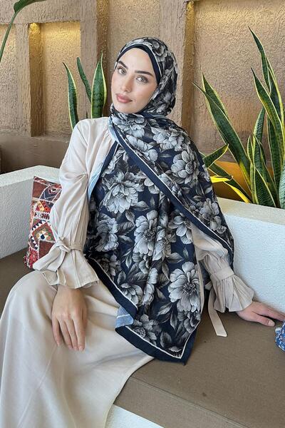 lamelif Lotus Desen Bambu Şal Lacivert