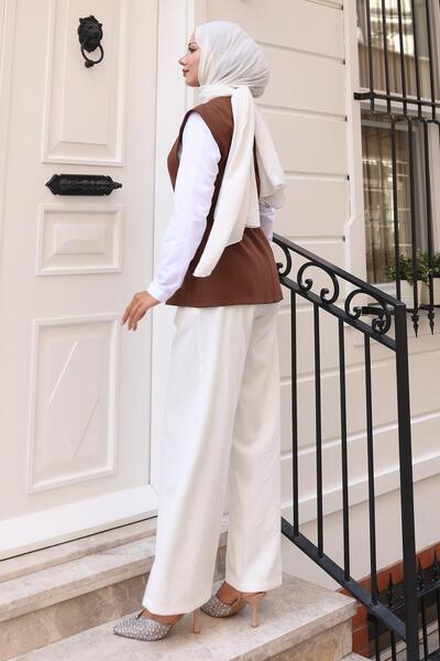 Missvalle Καφέ κοστούμι γιλέκο με λαιμόκοψη 19254