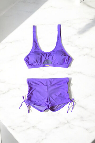 embody 2 piece swimsuit, brief short trousers with back cut, bustier bra, purple