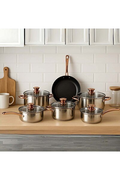 SUPPLIER طقم أواني طهي فاخر من الفولاذ المقاوم للصدأ، مكون من 12 قطعة، بأغطية زجاجية ومقابض باللون الذهبي الوردي