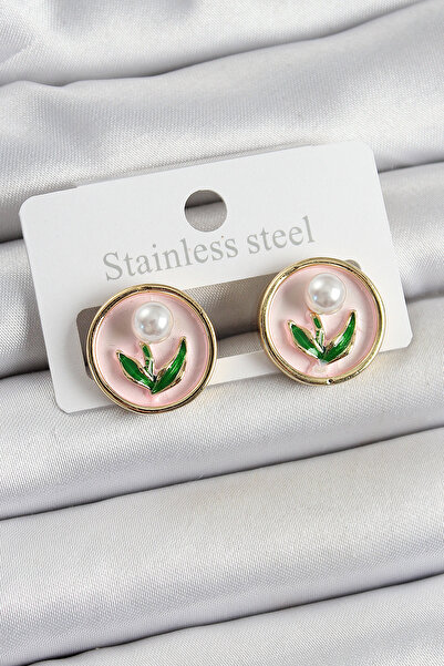 Skygo Brass Pink Enamel Tulip Figured Artistic Portrait Model Gold Color Women's Earrings - Tj-Bkp10674