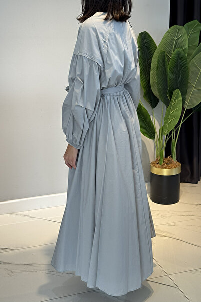 Ceremony Paper Touch Dress with Folded Sleeves, Drawstring Detail, Elastic Waist 5747 Gray