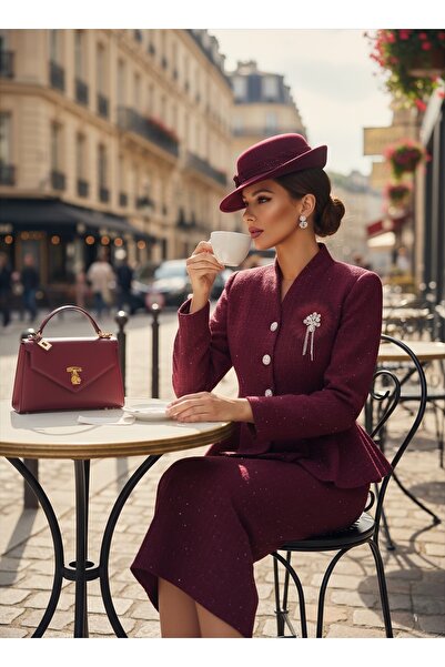 1Moda1Tarz Imported Tweed Fabric, Stone and Chain Brooch Included, Lined Button Detail, Lined Special Design Suit