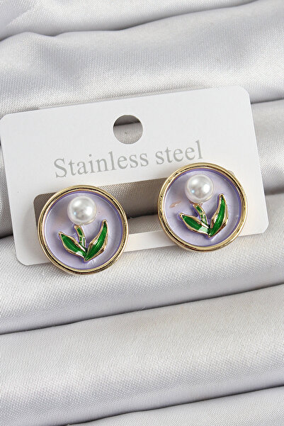 Skygo Brass Purple Enamel Tulip Figured Artistic Portrait Model Gold Color Women's Earrings - Tj-Bkp10676
