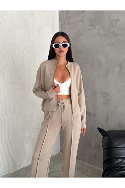 aselon طقم بدلة رياضية نسائية من قماش مودال بياقة كلية وجيوب بسحاب