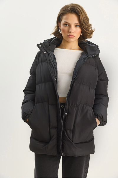 Bianco Lucci Women's Regular Fit Hooded Zippered Lined Pocket Puffer Jacket 1400 60283685