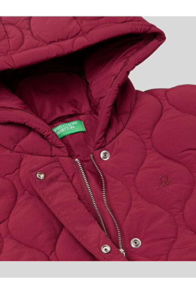 Benetton Girl's Hooded Quilted Coat 6-14 Years Old Burgundy