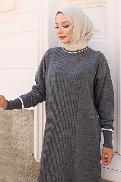 Missvalle Cuff Stone Detailed Knitwear Dress Gray 6150
