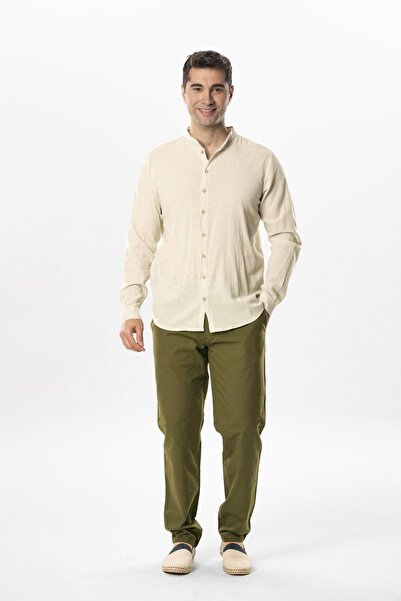 Eliş Şile Bezi Ανδρικό καλοκαιρινό πουκάμισο με μακρύ μανίκι Poplin Aegean Beige Beige