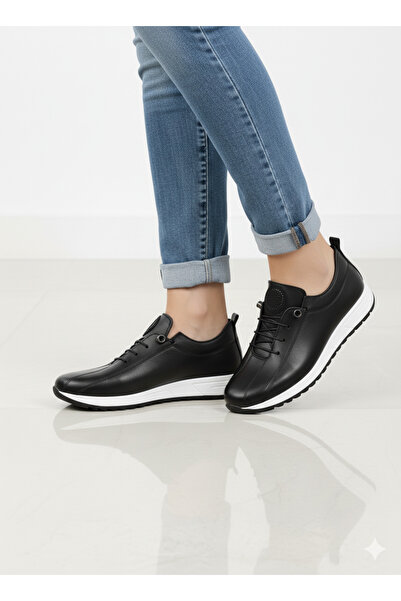 Elit Tekgül 0419 Siyah Beyaz Ortopedik Rahat Mevsimlik Günlük Kadın Ayakkabı