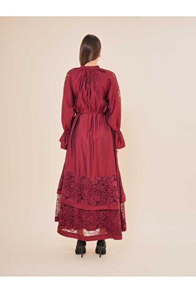 SERPİL Dantel Detaylı Kuşaklı Uzun Saten Elbise 40661