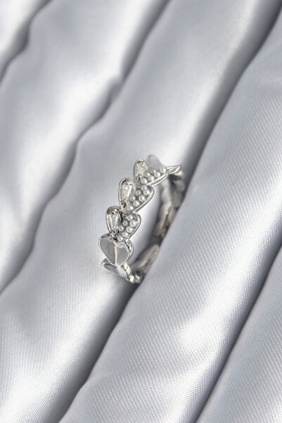 Skygo خاتم نسائي نحاسي فضي اللون على شكل قلب مزين باللؤلؤ - TJ-BYK2982