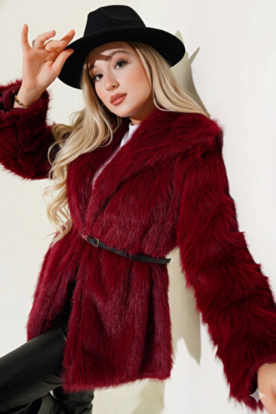 hazelin Women's Burgundy Belt Detailed Lined Plush Faux Fur Coat Hzl25W-Bd191561