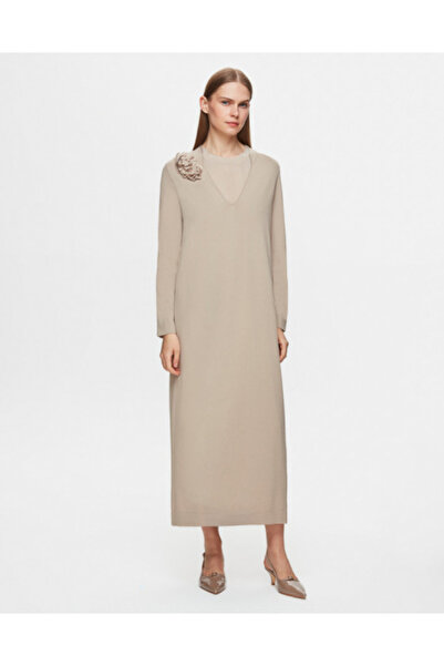 MISS DALIDA Çiçek Broşlu Triko Taş Rengi Elbise