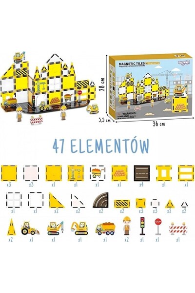 CAN OYUNCAK Magnetic Tiles Construction Site Set 47 Pieces Magnetic Building Magnetic Blocks