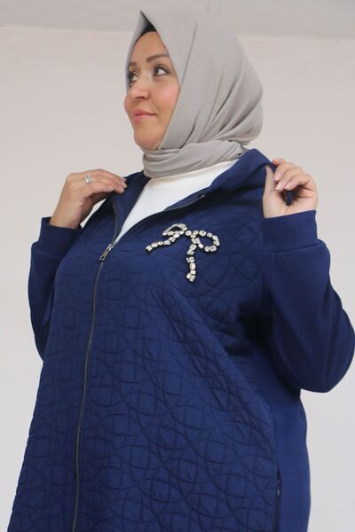 Eslina 53045 Büyük Beden Kolları Lastikli Modal-Kapitone Kap - Lacivert