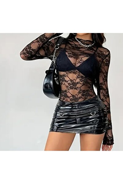 Lacis Чорне мереживне прозоре боді з довгими рукавами
