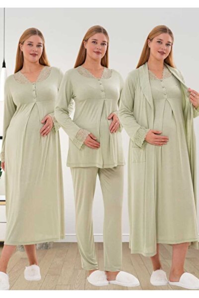 Lohusa Homewear طقم بيجامة وقميص نوم للحوامل بتصميم خاص باللون الأخضر مع تفاص...