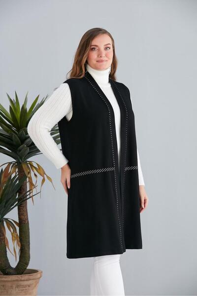wear on Büyük Beden Beyaz Şeritli Uzun Siyah Yelek