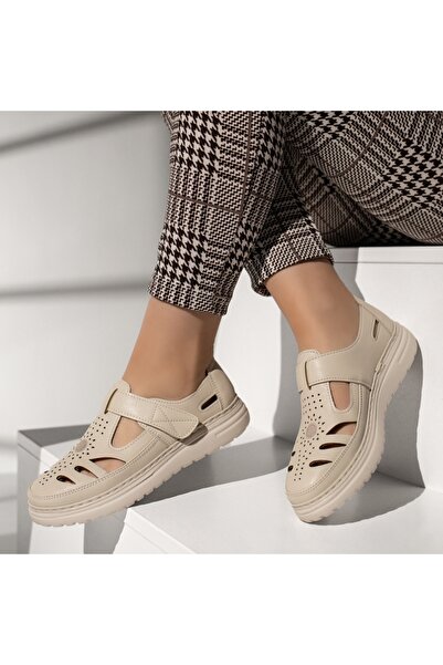 BMoD Pantofi casual bej pentru femei cu talpă groasă și închidere cu velcro M...