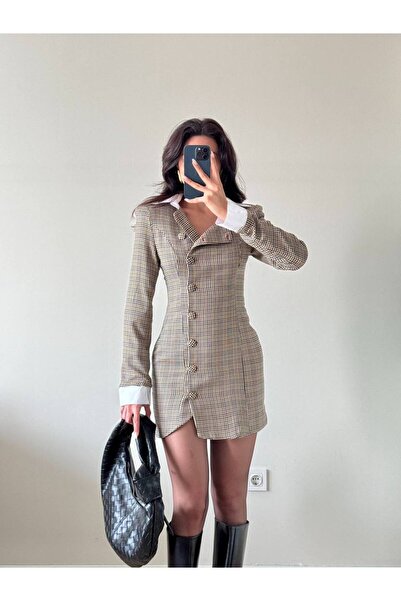 LOCH BUTİK Дамска екологична рокля с дълги ръкави и копчета