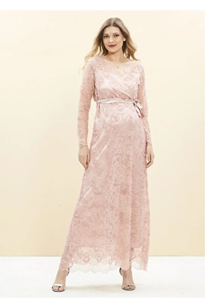 Genel Markalar Yaka Detaylı Dantel Uzun Hamile Elbise
