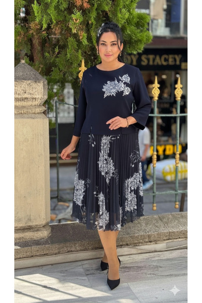 live forever Bisiklet Yaka Çiçek Desenli Piliseli Şifon Etekli Midi Davet Elb...