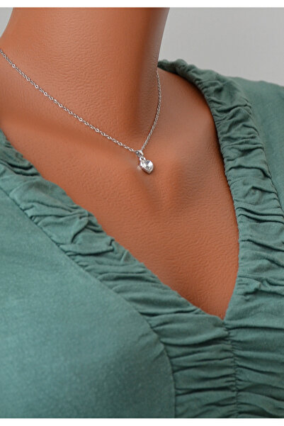 BİJUTERİ EVİ Minimal Heart Model Silver Color Steel Chain White Stone Women's Necklace