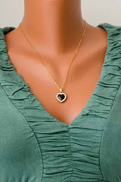 BİJUTERİ EVİ Eye-Catching Elegance: Gold-Colored Steel Necklace with Black St...