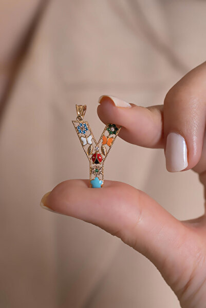 AMES GOLD KUYUMCULUK 14 Ayar Altın Y Harfi Renkli Taş Kolye Ucu