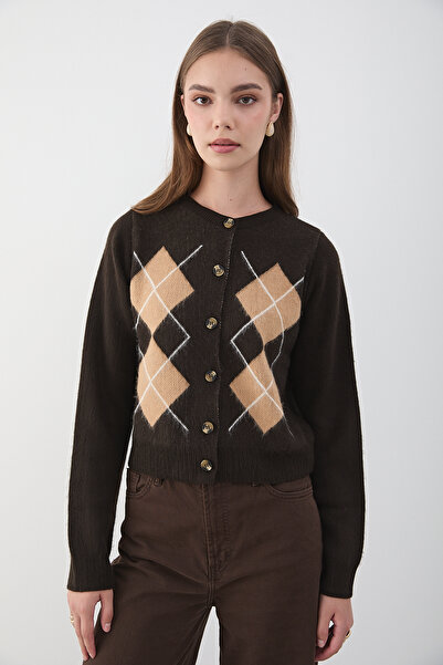 JASTE Women's Brown Argyle Patterned Buttoned Knit Sweater