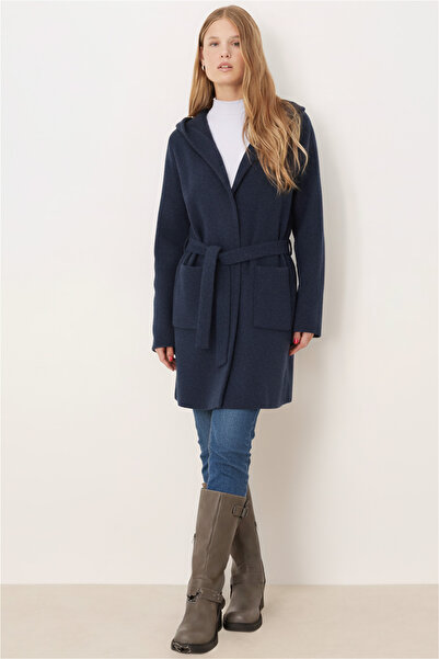 armonika Kadın Koyu Mavi Beli Kuşaklı Cepli Kapüşonlu Oversize Kaşe Kaban ARM-26K001025