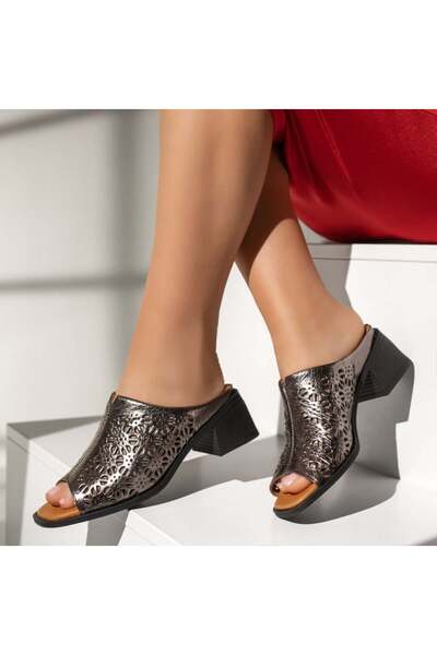 Modlet.ro Women's pearly grey perforated leather heeled casual slides MOD13667