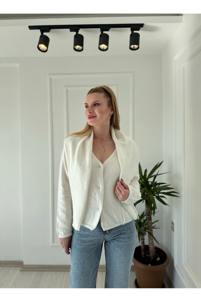 Store Ekru V Yaka Şal Detaylı Triko Hırka