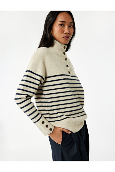 Koton Tricotaj cu mânecă lungă guler ridicat cu jumătate de nasturi supradimensionat Pulover cu dungi