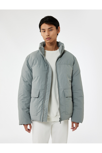 Koton Long Sleeve Hooded Pocket Detailed Zippered Slim Fit Mock Neck Winter Puffer Coat