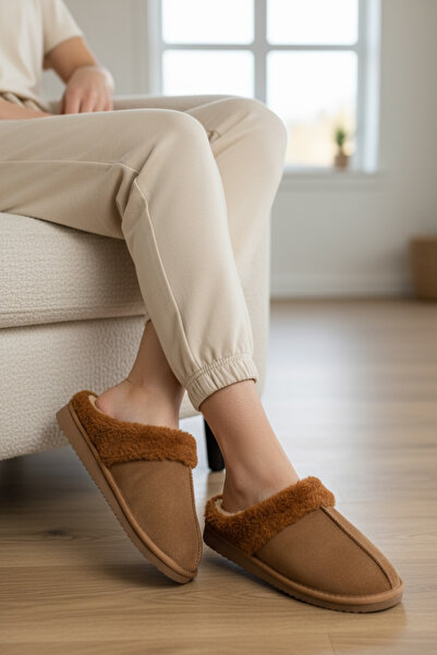 Adım Dünyası شباشب منزلية شتوية نسائية من الفرو - ملمس جلدي، نعل ناعم، أنيقة ومريحة