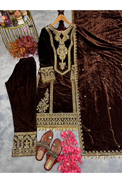MYSMAR Brown Viscose Velvet Kameez Salwar & Dupatta - PMM17998 | Brown