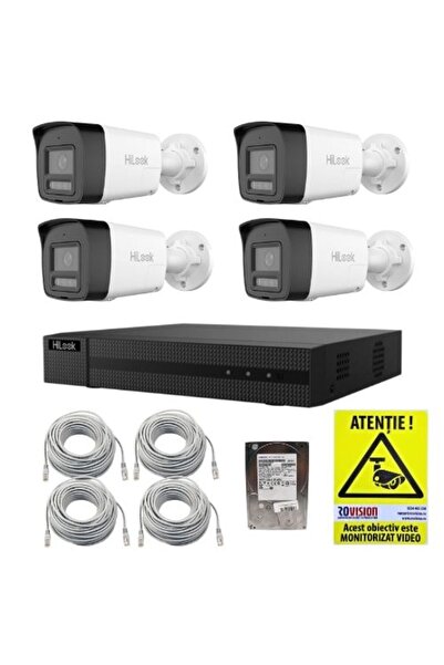 Hilook Kit de supraveghere IP - 4 camere PoE cu lumină duală de 4×4MP, 30m, NVR PoE 4K cu 4 canale, HDD de 1TB, cabluri