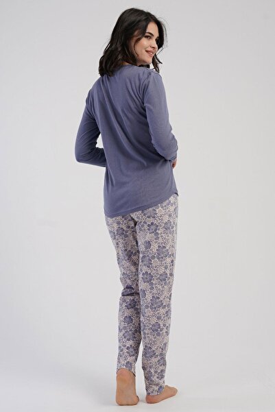 VİENETTA Women's Plus Size Smoked Long Sleeve Crew Neck Floral Print Bottom Pajama Set C5T4N3305