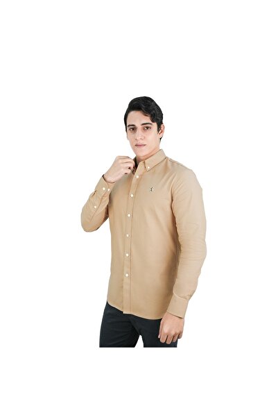 Giordano قميص أكسفورد قطني للرجال - تطريز أسد صغير، قصة ضيقة، أزرار كاملة